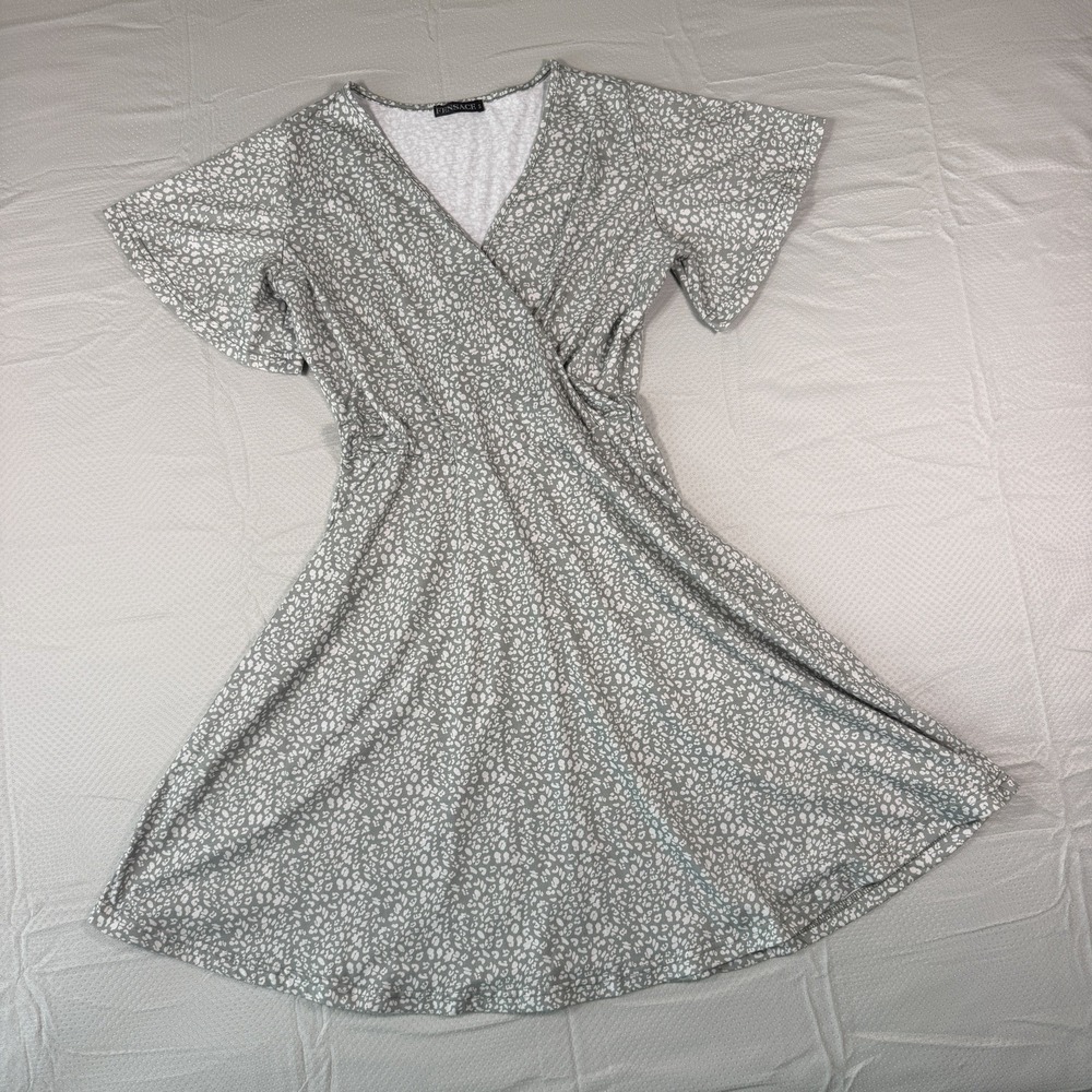 Fensace Womens Small Sage Green White Animal Spot Flutter Sleeve Faux Wrap Dress